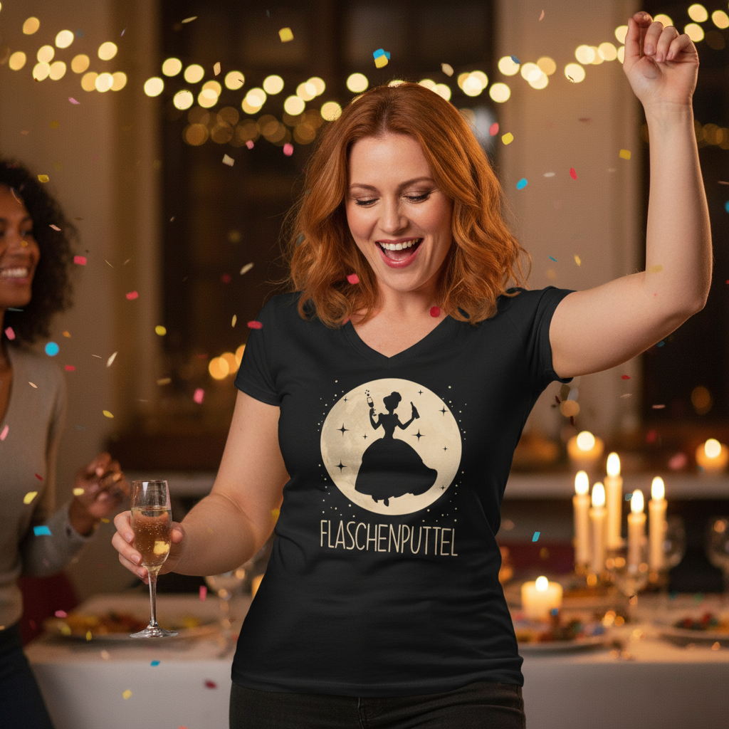 Eine Frau trägt das Flaschenputtel Party Shirt bei einer Geburtstagsfeier und tanzt mit Sektglas