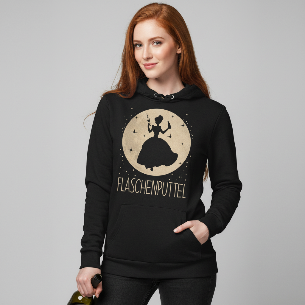 Eine Frau trägt den Flaschenputtel Hoodie im Studio und hält eine Flasche in der Hand