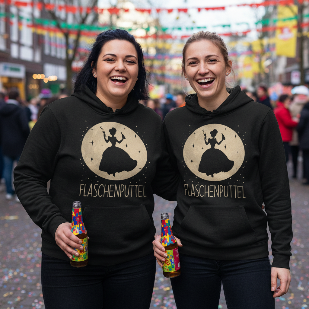 Zwei Frauen tragen den Flaschenputtel Hoodie beim Karneval Köln und halten Getränke im Partnerlook