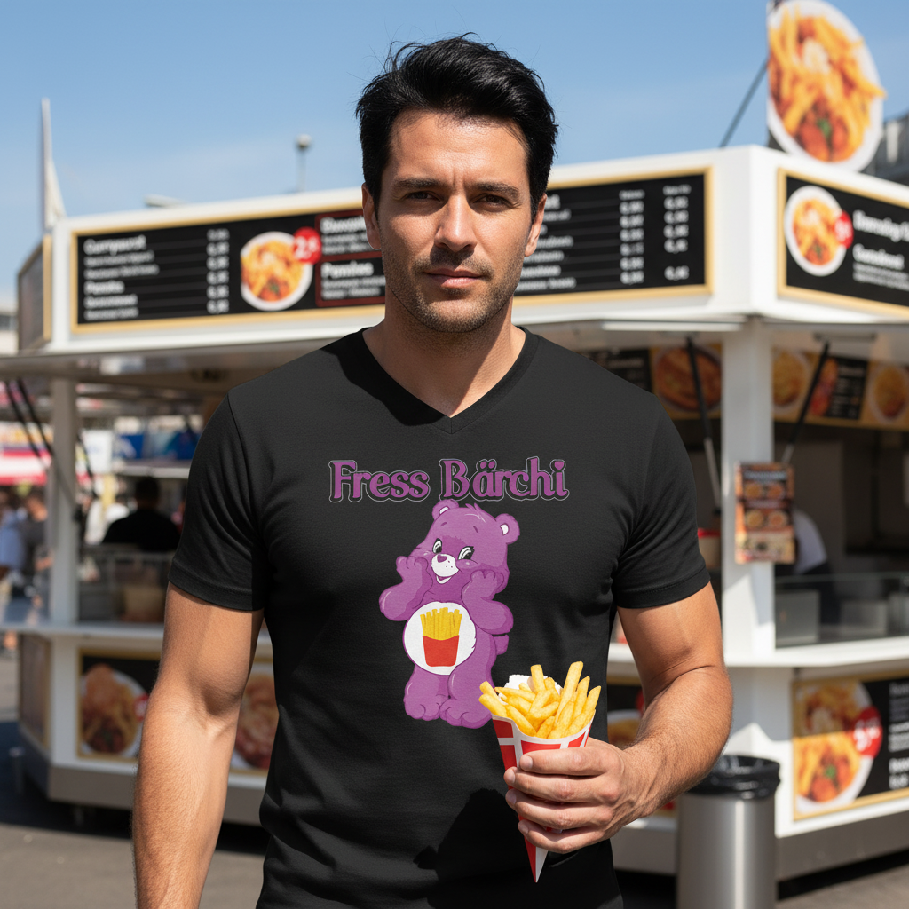 Imbissbude Mittagspause mit Fress Bärchi Glücksbärchi V-Neck, Mann hält Pommes vor Menütafel