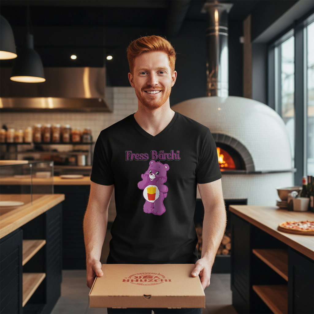 Mann trägt Fress Bärchi V-Neck in Pizzeria mit Pizzaschachtel, Holzofen Hintergrund