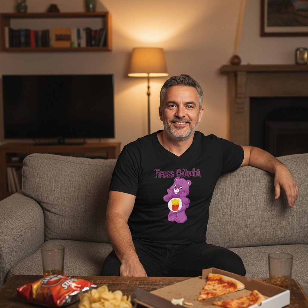 Entspannte Snack-Pause zuhause mit Fress Bärchi Food Shirt V-Neck, Couch Wohnzimmer-Atmosphäre