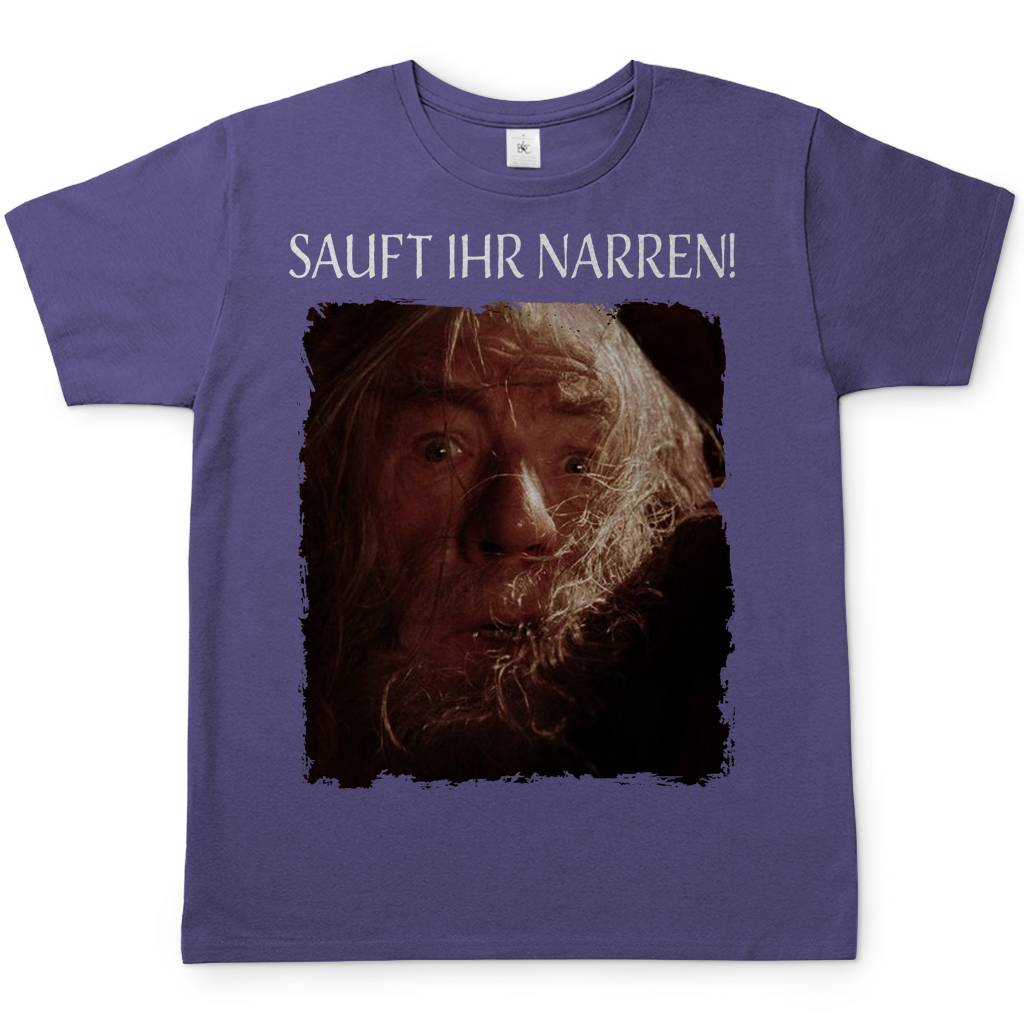 Lila T-Shirt mit Gandalf Spruch SAUFT IHR NARREN Der Herr der Ringe Motiv, Frontansicht