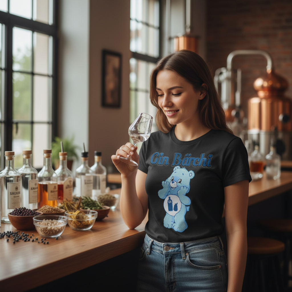 in-Tasting in moderner Destillerie, junge Frau mit Gin Bärchi Shirt probiert Gin, Flaschen im Hintergrund