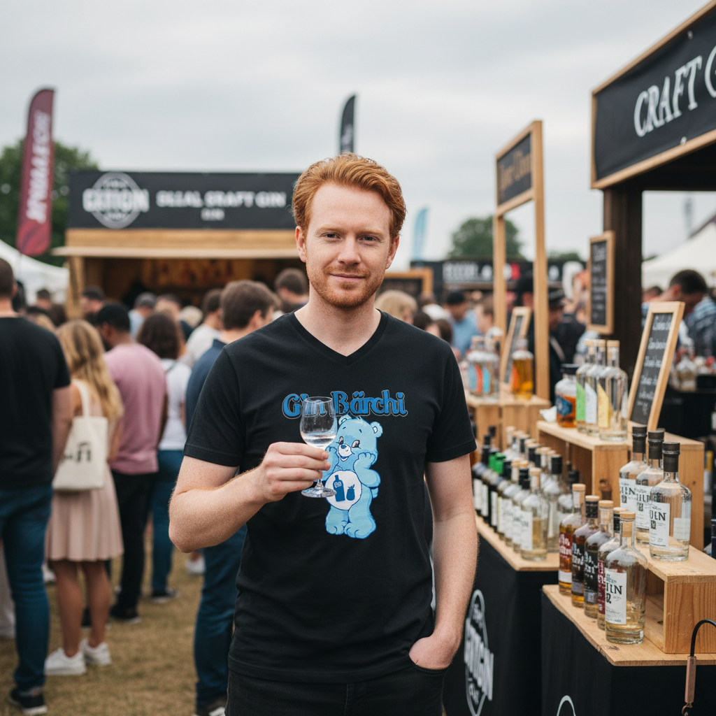 Craft-Gin-Festival outdoor, Mann probiert Gin im Gin Bärchi Glücksbärchi V-Neck, Event-Atmosphäre