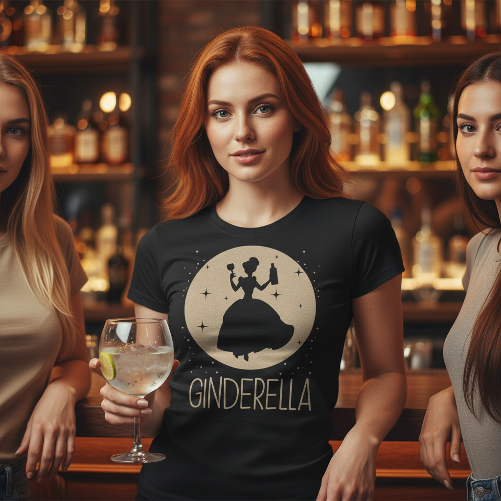 Eine Frau trägt das Ginderella Damenshirt in einer Bar mit Freundinnen und hält ein Gin Tonic Glas