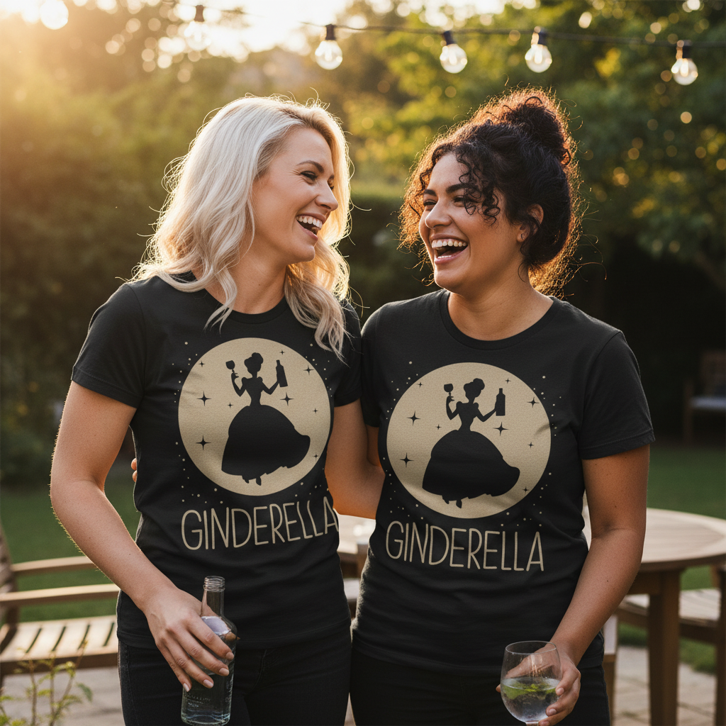 Zwei Frauen tragen das GINDERELLA Shirt bei einer Gartenparty mit Lichterketten und Gin Flaschen