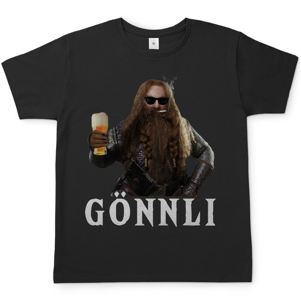 Schwarzes Herren Shirt mit GÖNNLI Gimli Design Herr der Ringe Parodie, Frontansicht