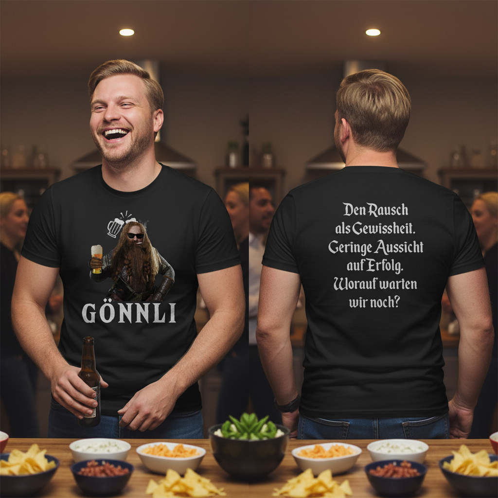 Ein Mann trägt das Herr der Ringe GÖNNLI Shirt auf einer Hausparty und hält eine Bierflasche lachend