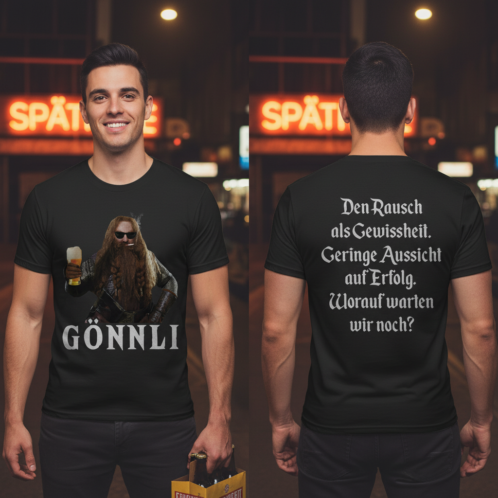 Ein Mann trägt das GÖNNLI Gimli Shirt am Späti nachts und hält ein Sixpack Bier, Front und Rücken