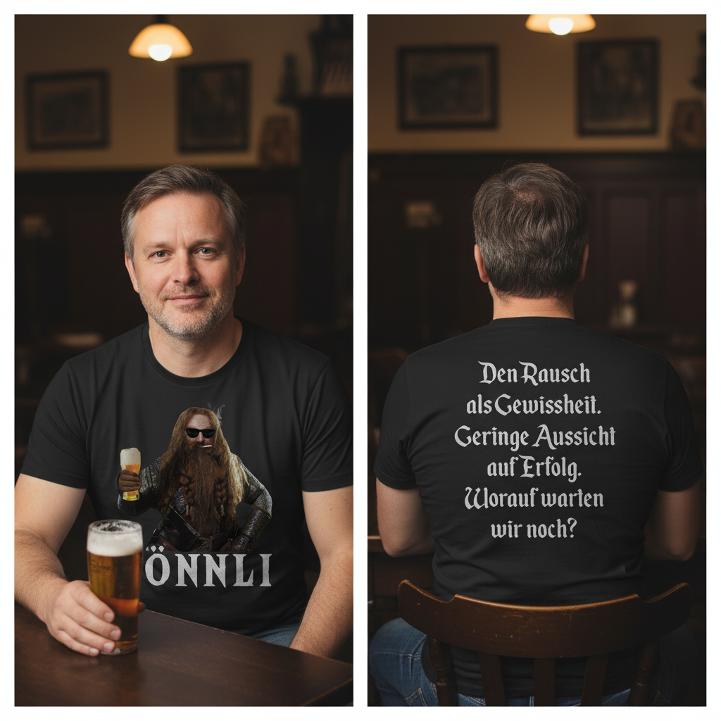 Ein Mann trägt das LOTR Gönnli Gimli Shirt am Stammtisch in der Kneipe mit Bierglas, Front und Rücken