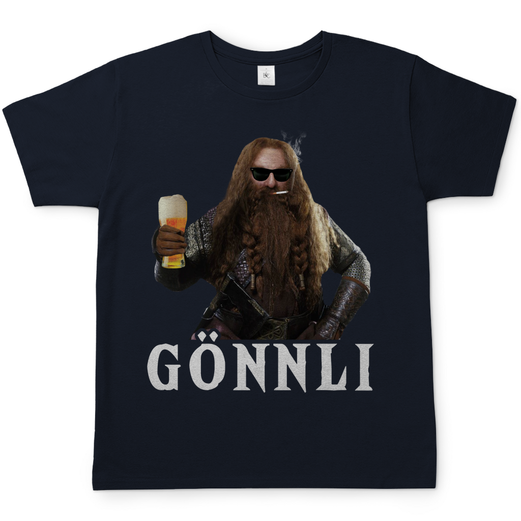 Navy Herren T-Shirt mit Gönnli Gimli LOTR Design Der Herr der Ringe Trinkspruch, Frontansicht
