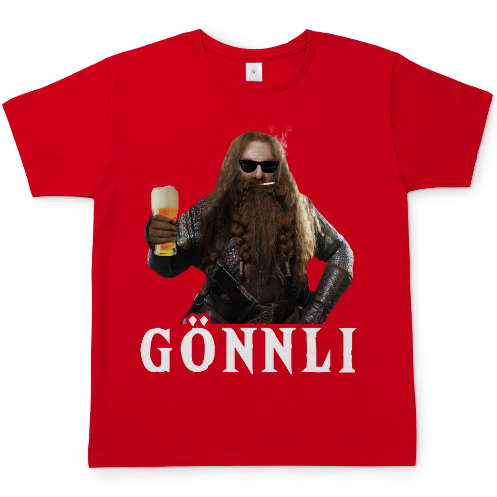 Rotes Männer T-Shirt mit GÖNNLI Gimli Herr der Ringe Design witzig, Frontansicht