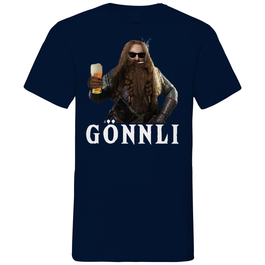 Navy Herren V-Ausschnitt Shirt mit Gimli Zwerg GÖNNLI LOTR Design, Frontansicht