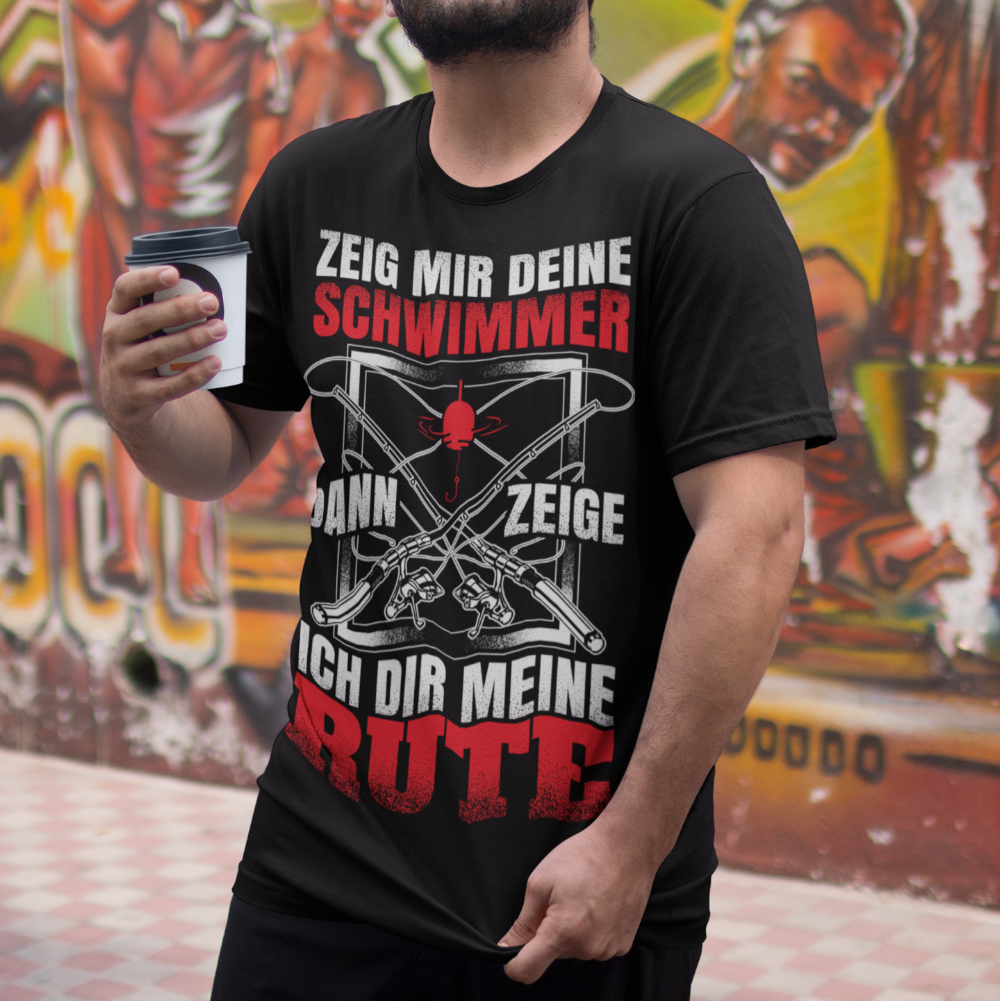 Lustiges Angler T-Shirt Männer – Zeig mir deine Schwimmer ich zeige meine Rute