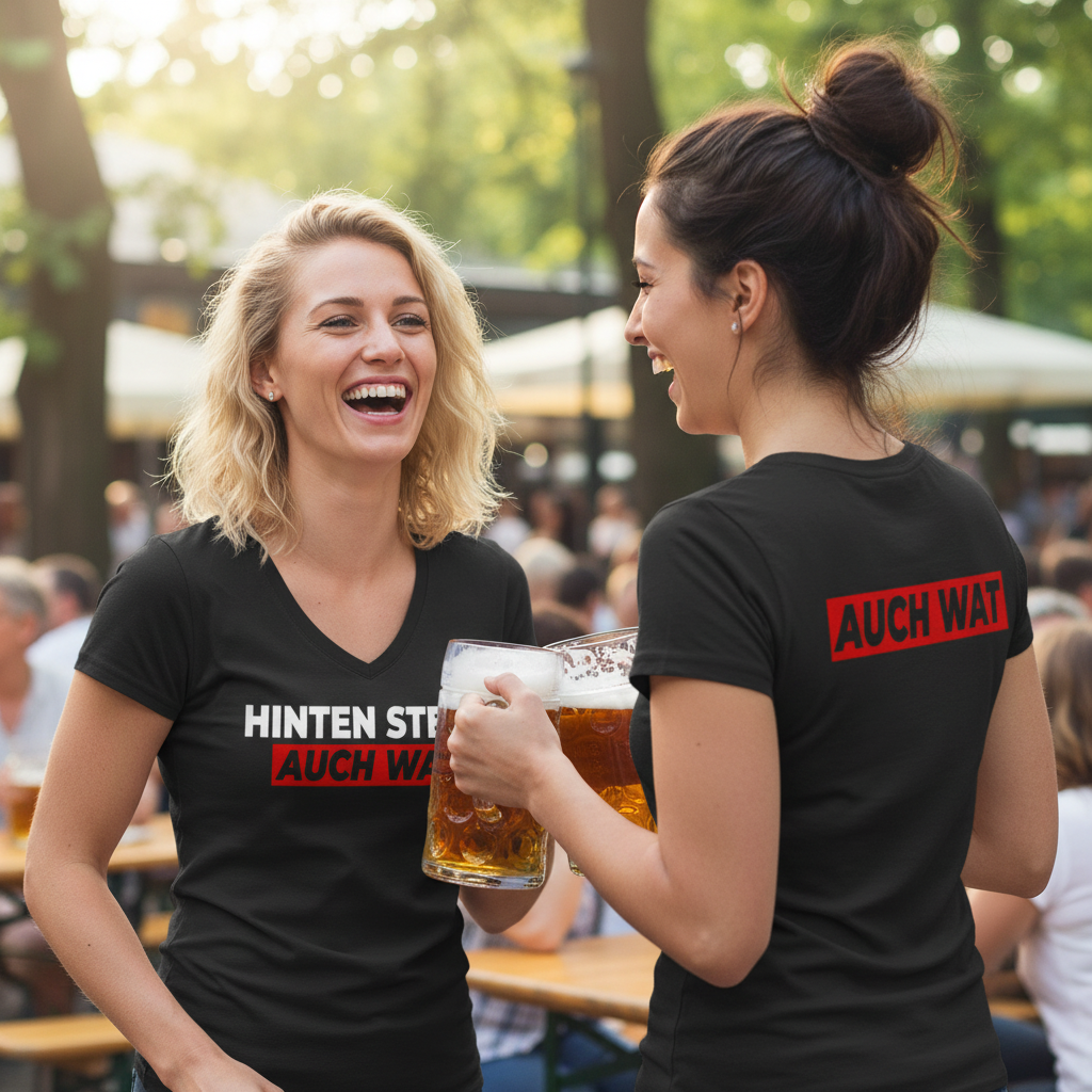 Hinten steht auch wat - Beidseitiger Druck - V-Neck Damenshirt