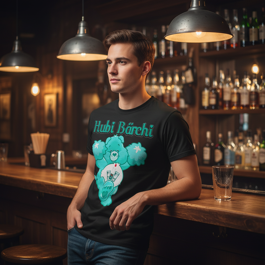Mann in schwarzem Hubi Bärchi Shirt mit türkisem Glücksbärchi Motiv sitzt seitlich an Bar mit Spirituosenregal im Hintergrund