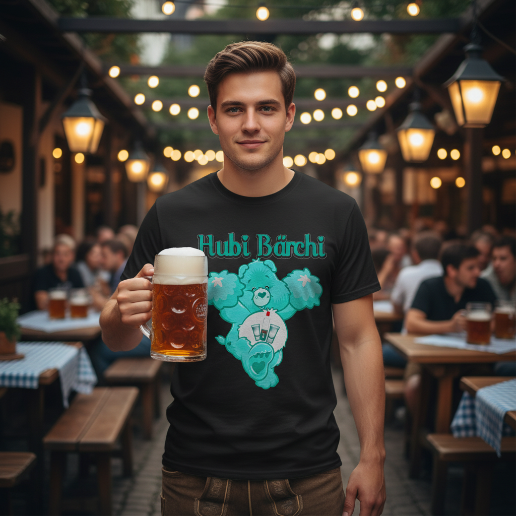 Mann trägt schwarzes Herren Shirt mit Hubi Bärchi Aufdruck und türkisem Bär im Biergarten mit Maßkrug Bier und Lichterketten