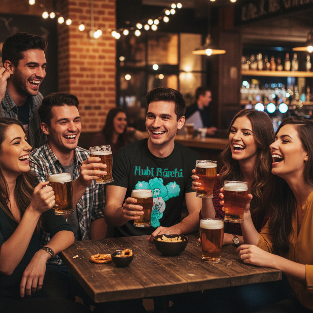 Freundesgruppe in Bar mit Mann in Hubi Bärchi Shirt schwarz türkiser Bär alle mit Biergläsern feiern zusammen lachend