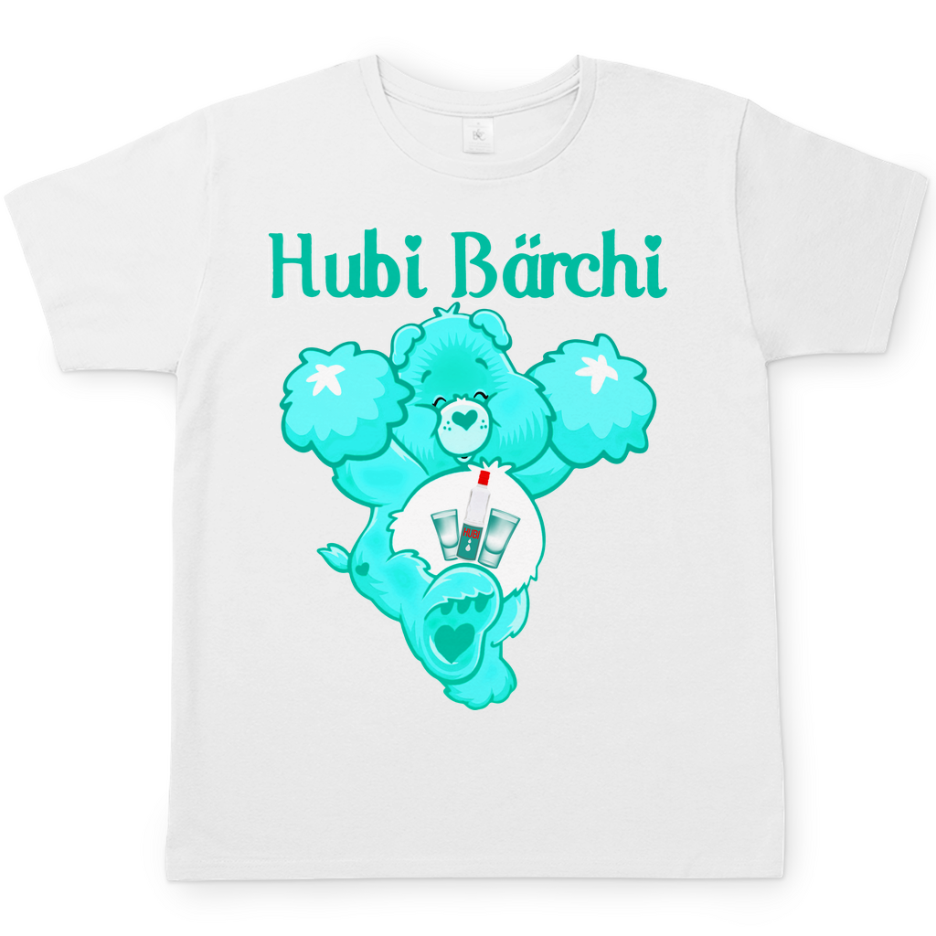 Kräuterlikör Shirt Herren weiß Hubi Bärchi Motiv türkiser Bär Wolken Hintergrund Baumwolle Rundhals