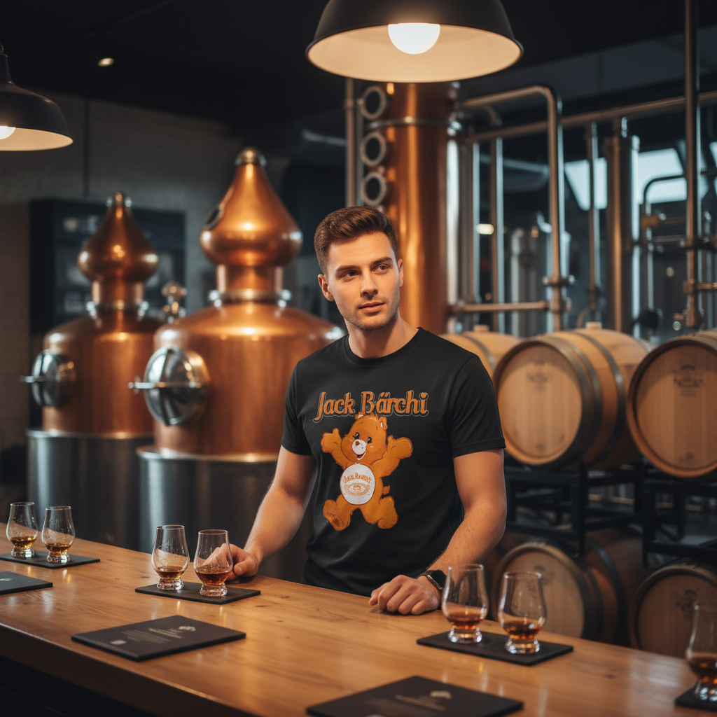 Junger Mann trägt Jack Bärchi Shirt bei Whisky Tasting in Destillerie mit Kupferkesseln