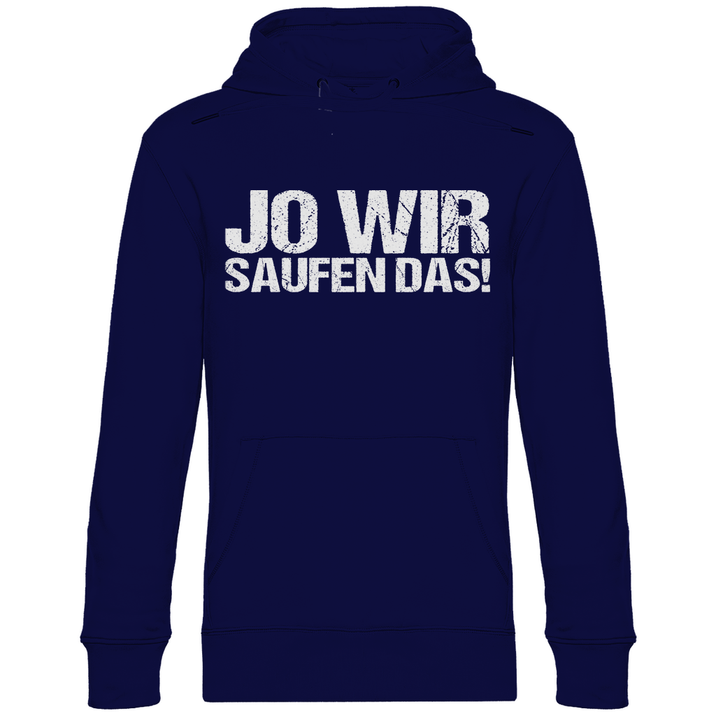 Navy blauer Kapuzenpullover mit Jo wir saufen das Saufspruch Bob der Saufmeister Parodie, Frontansicht