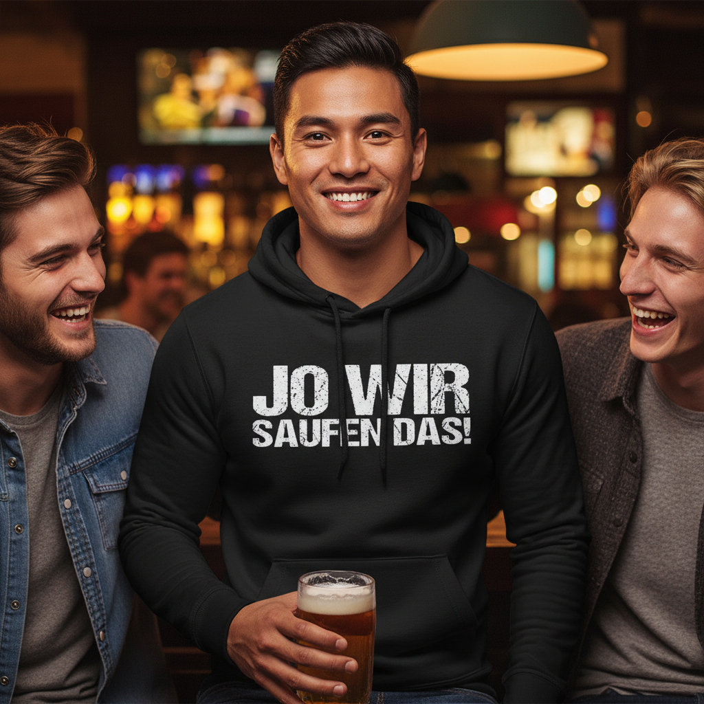 Ein Mann trägt den Jo wir saufen das Hoodie in einer Bar und hält ein Bierglas mit Freunden