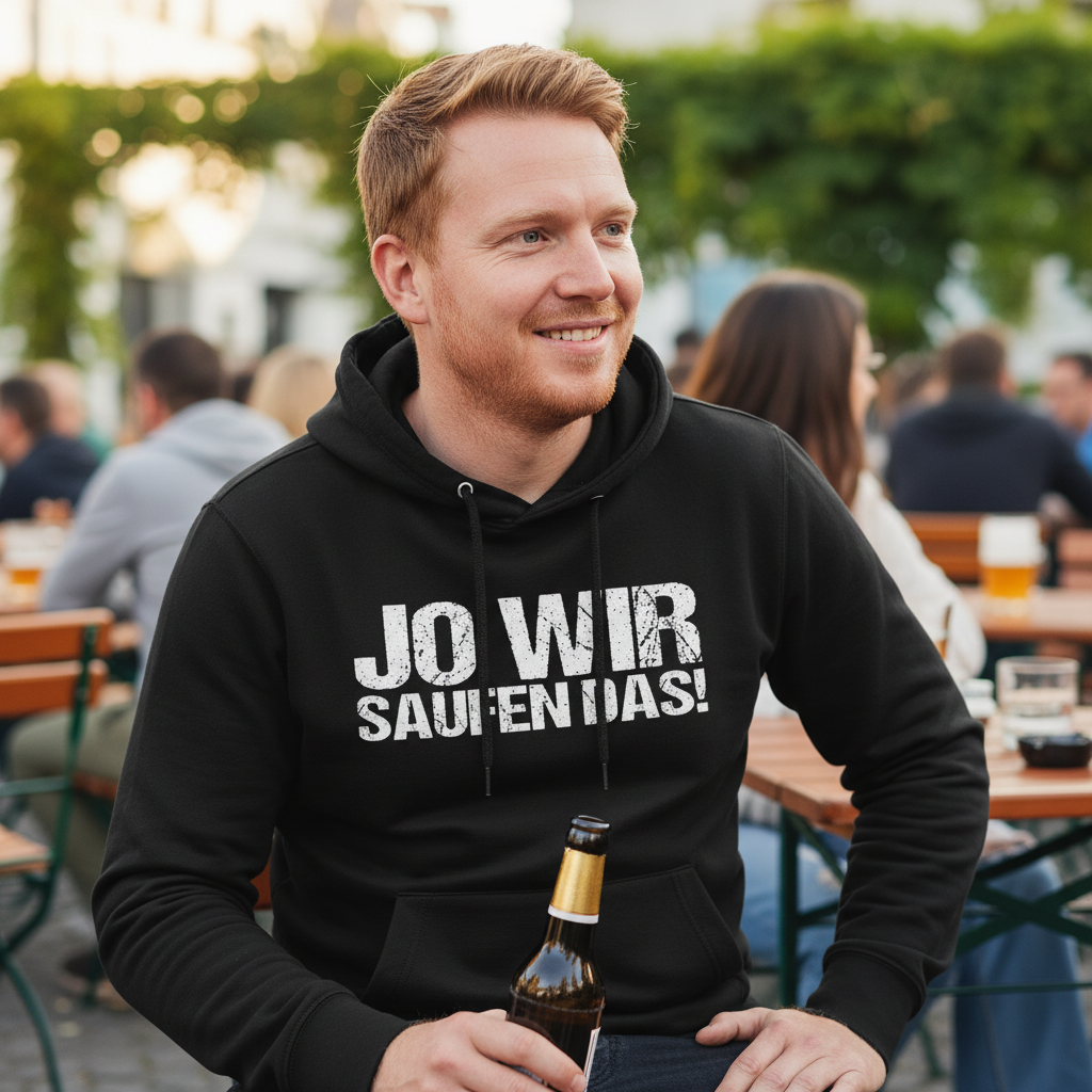 Ein Mann trägt den Jo wir saufen das Hoodie im Biergarten und hält entspannt eine Bierflasche