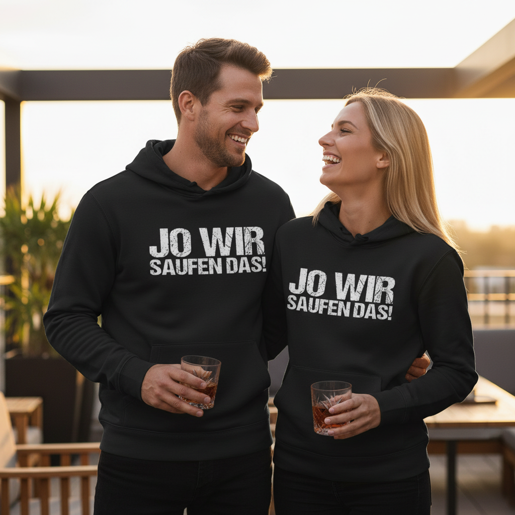 Ein Pärchen trägt den Jo wir saufen das Partnerlook Hoodie beim Feiern im Freien und lacht zusammen