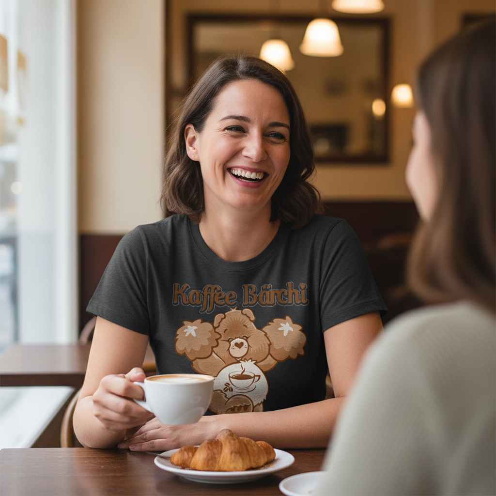 Entspanntes Café-Date mit Kaffee Bärchi Shirt, Frau genießt Kaffee und Croissant in gemütlicher Atmosphäre