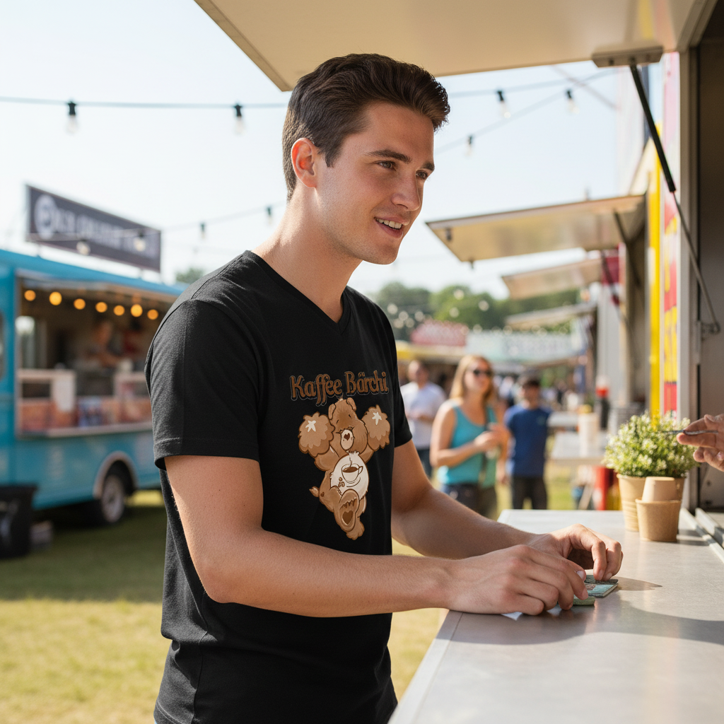 Mann beim Street Food Festival trägt Kaffee Bärchi V-Neck Shirt mit Glücksbärchi Motiv vor Foodtruck