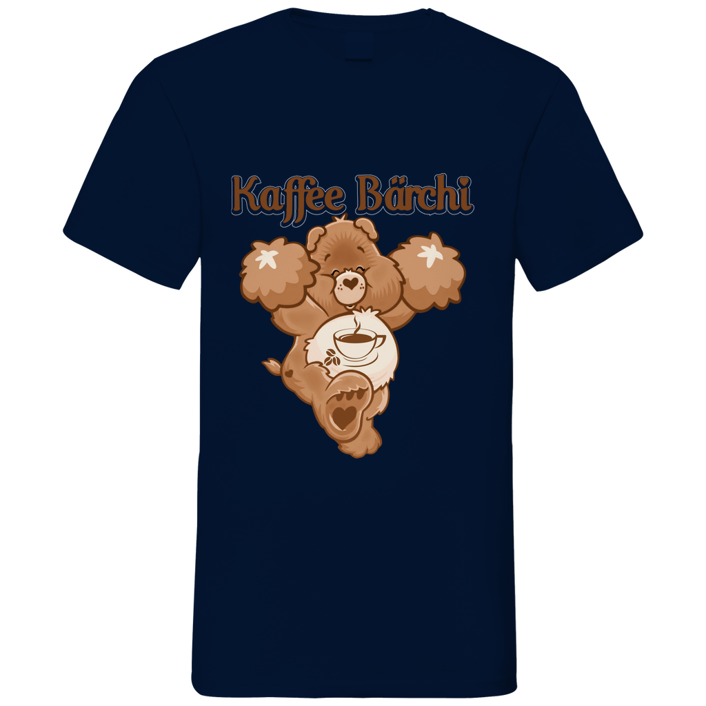 Navy Herren V-Neck Shirt mit Kaffee Bärchi Glücksbärchi Parodie Bär mit Kaffeetasse Frontansicht