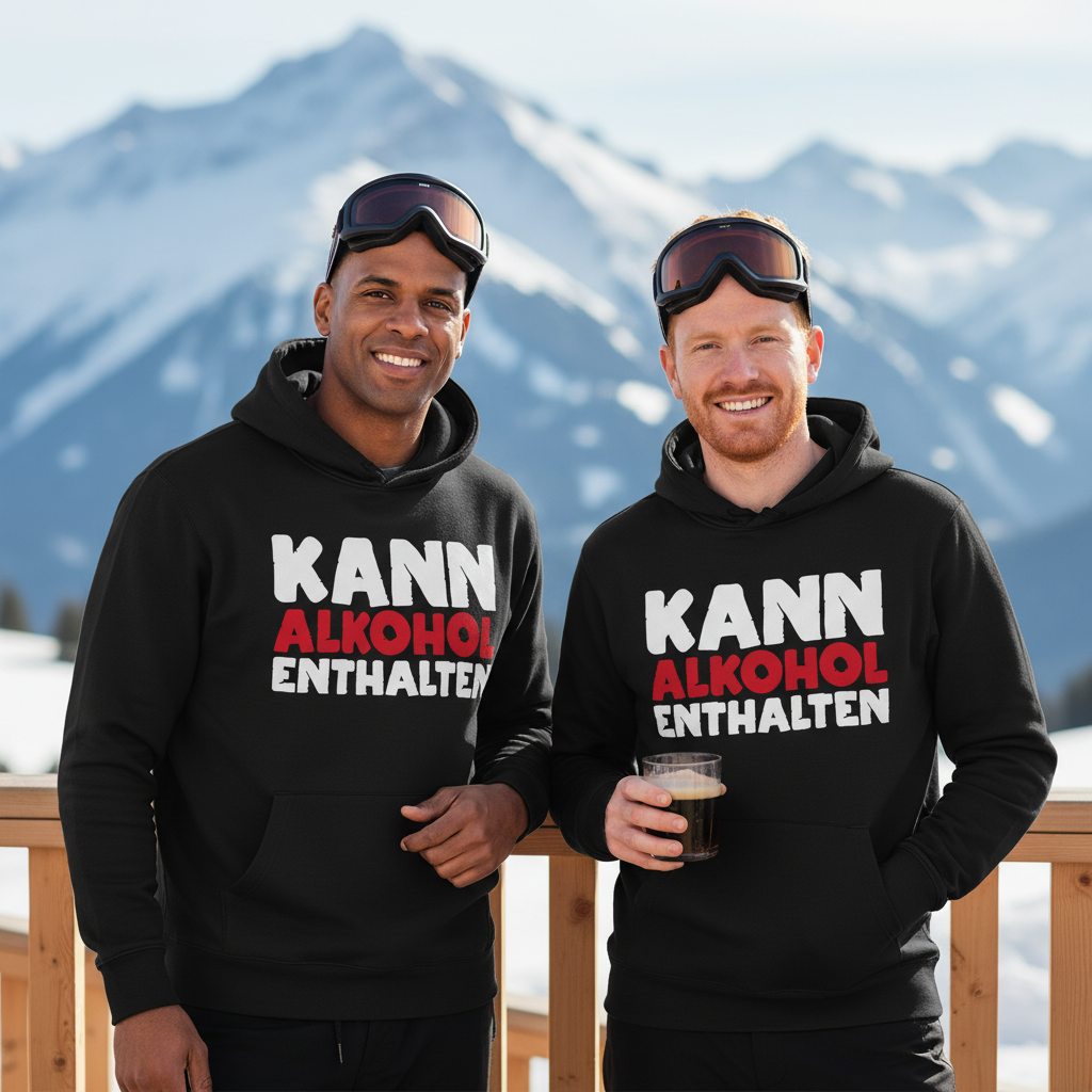 Zwei Männer tragen den Kann Alkohol enthalten Hoodie im Partnerlook beim Après-Ski in den Alpen