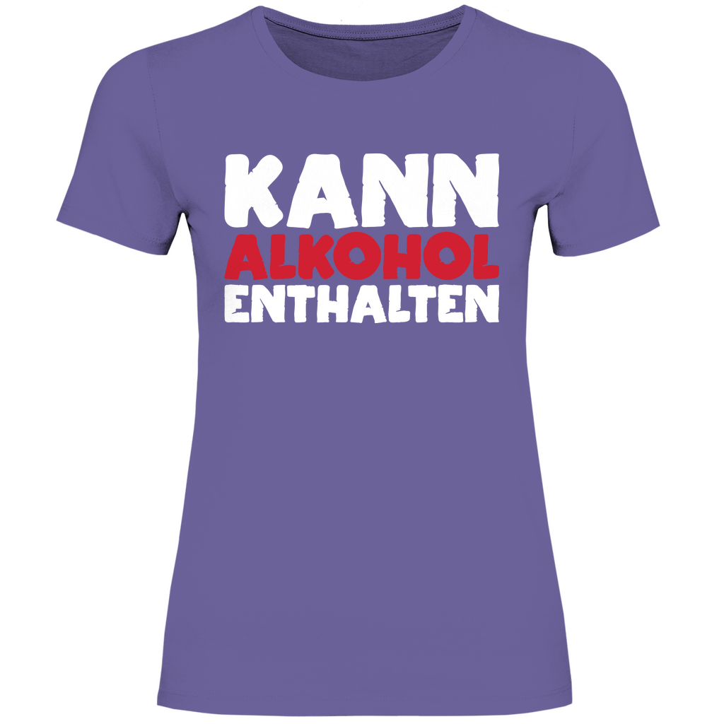 Millennial Lilac Damenshirt mit Kann Alkohol enthalten Aufdruck perfekt für Weinfeste, Frontansicht