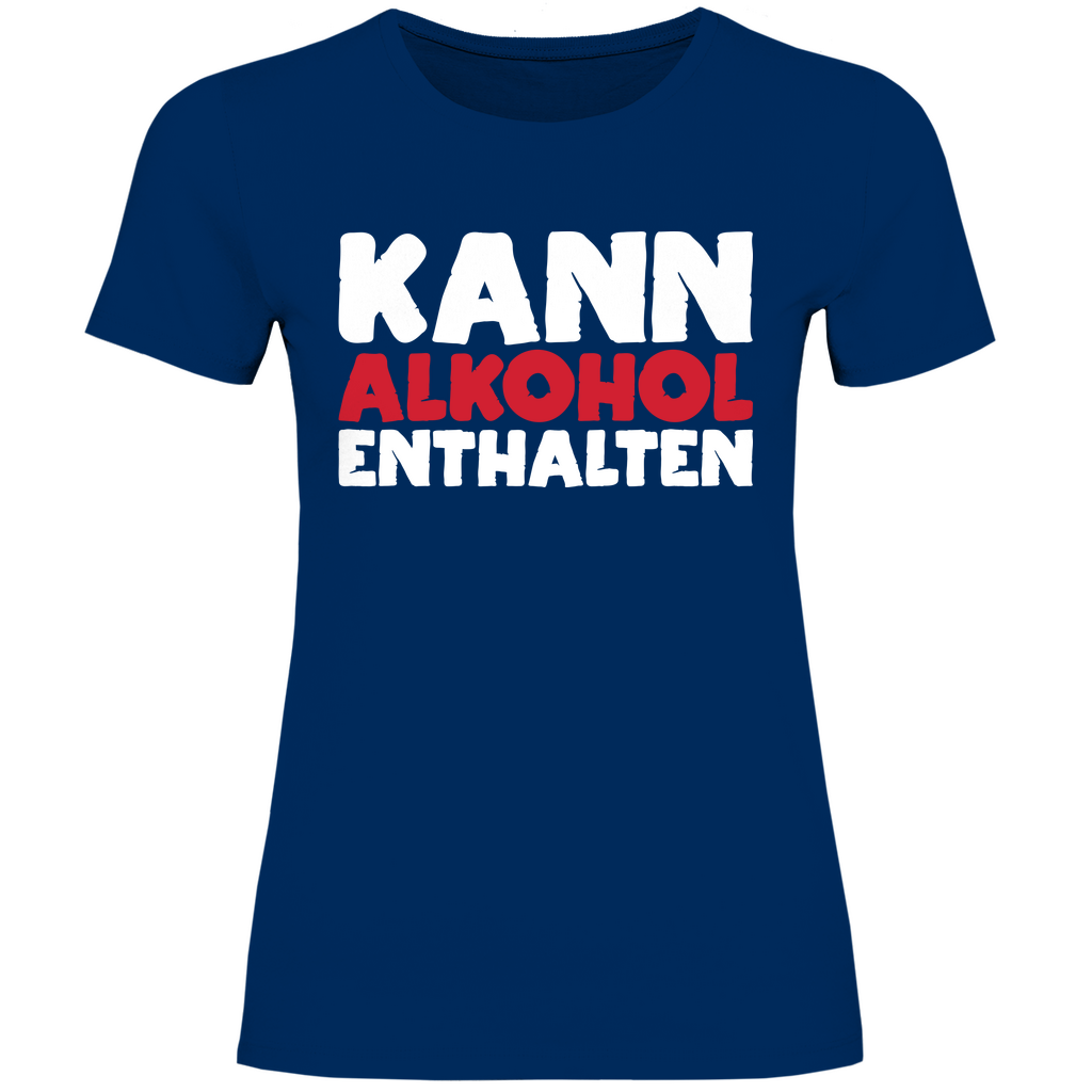Navy Damenshirt mit Kann Alkohol enthalten Aufdruck für Weinliebhaberinnen, Frontansicht