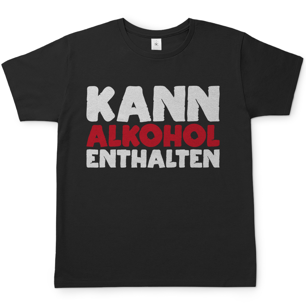 Schwarzes Herren Shirt mit Kann Alkohol enthalten Spruch witzig für Party und Biergarten, Frontansicht