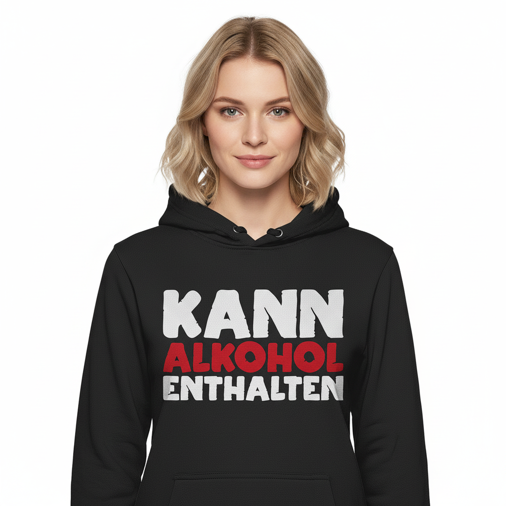 Eine Frau trägt den KANN ALKOHOL ENTHALTEN Hoodie schwarz im Studio, Portrait-Aufnahme