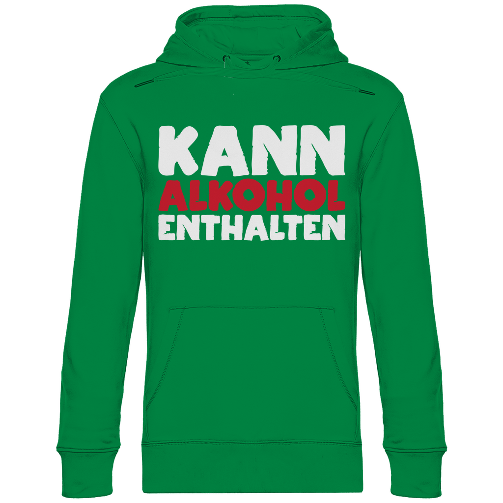 Kelly Green Hoodie Herren mit Kann Alkohol enthalten Spruch perfekt für Après-Ski, Frontansicht