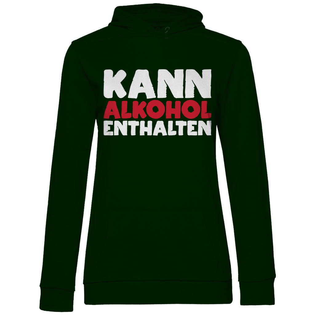 Waldgrüner Damen Hoodie mit KANN ALKOHOL ENTHALTEN Design humorvoll, Frontansicht