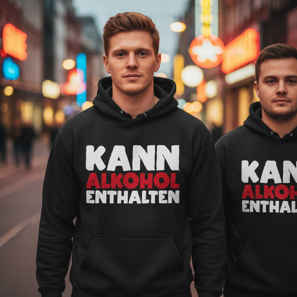 Ein Mann trägt den Kann Alkohol enthalten Hoodie beim Junggesellenabschied auf der Reeperbahn Hamburg