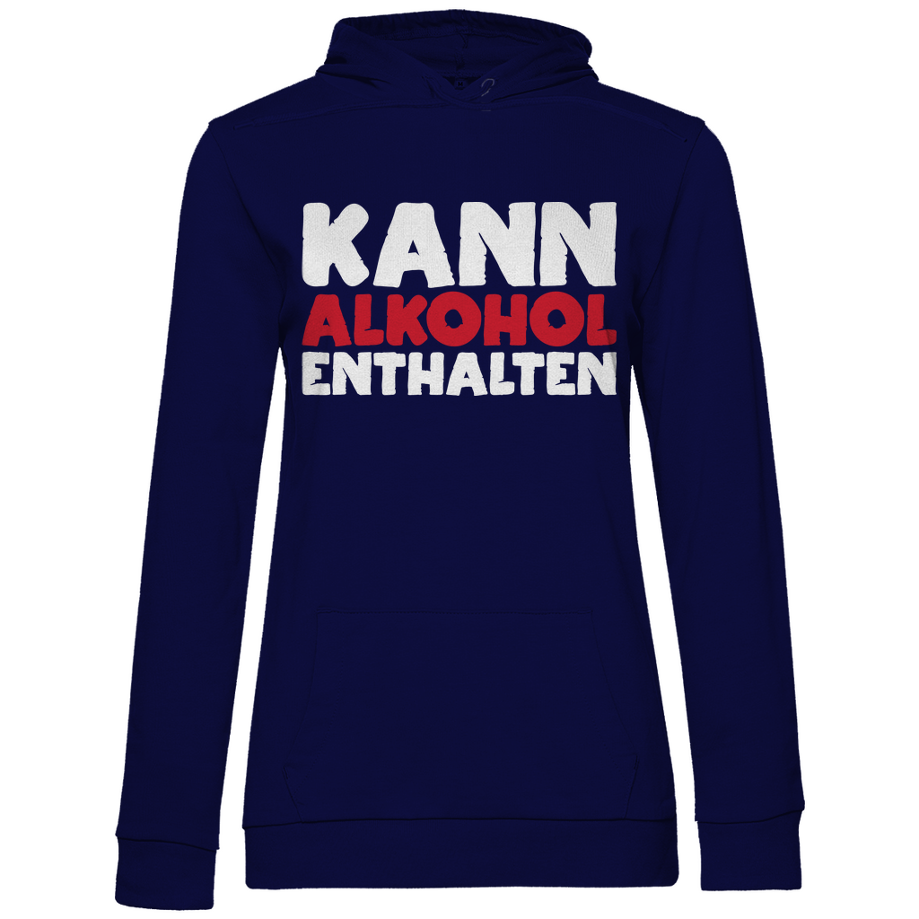 Navy blauer Kapuzenpullover Damen mit Kann Alkohol enthalten Spruch witzig, Frontansicht