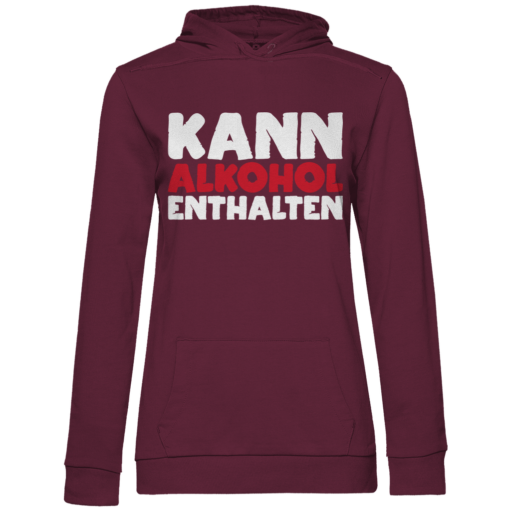 Weinroter Kapuzenpullover Damen mit Kann Alkohol enthalten Spruch für Party, Frontansicht