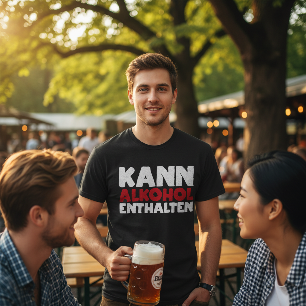 Ein Mann trägt das Kann Alkohol enthalten Shirt im Biergarten München und sitzt mit Freunden am Tisch