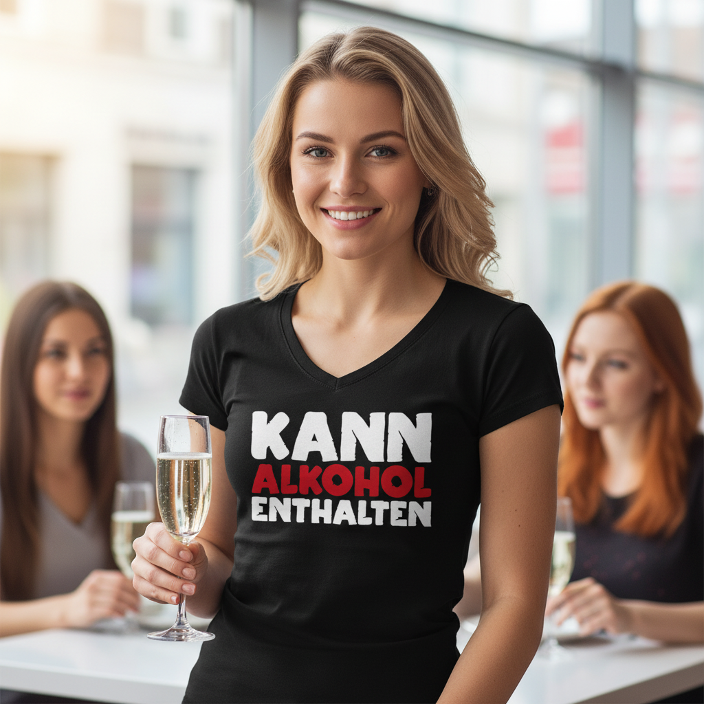 Eine Frau trägt das KANN ALKOHOL ENTHALTEN Party Shirt beim Prosecco-Brunch im Café mit Freundinnen