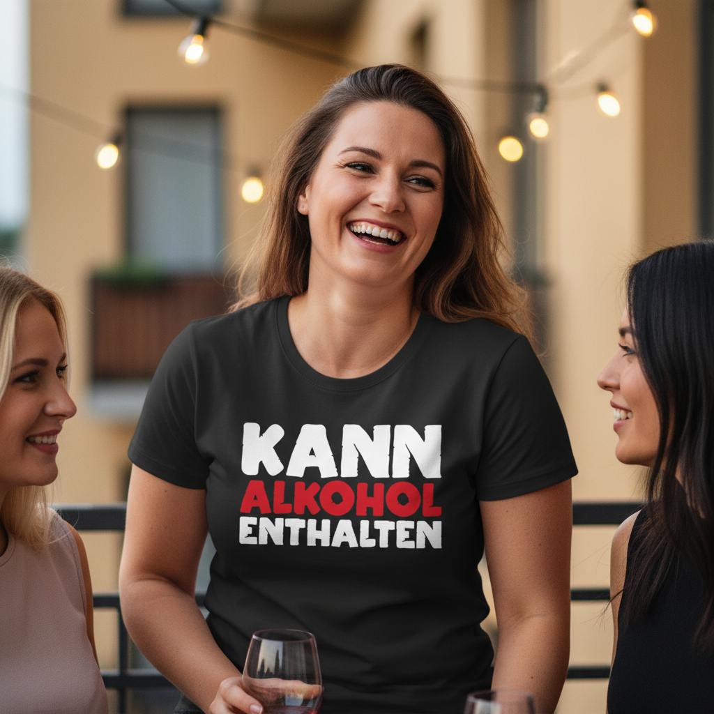 Eine Frau trägt das Kann Alkohol enthalten Shirt beim Mädelsabend auf einer Balkonparty mit Wein