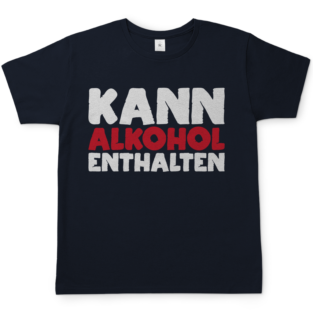 Navy T-Shirt Männer mit KANN ALKOHOL ENTHALTEN Spruch lustig für Feiern und Festivals, Frontansicht