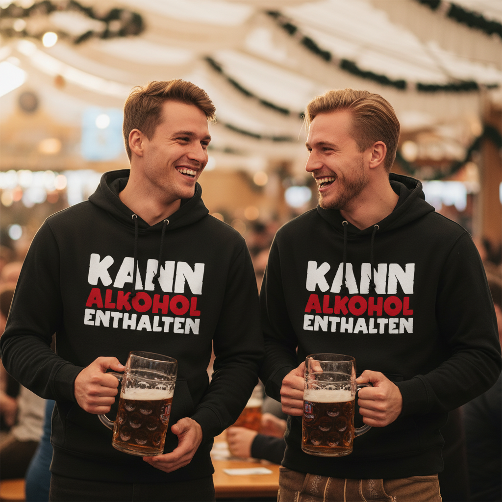 Zwei Männer tragen den Kann Alkohol enthalten Hoodie im Oktoberfest Bierzelt München mit Bierkrügen