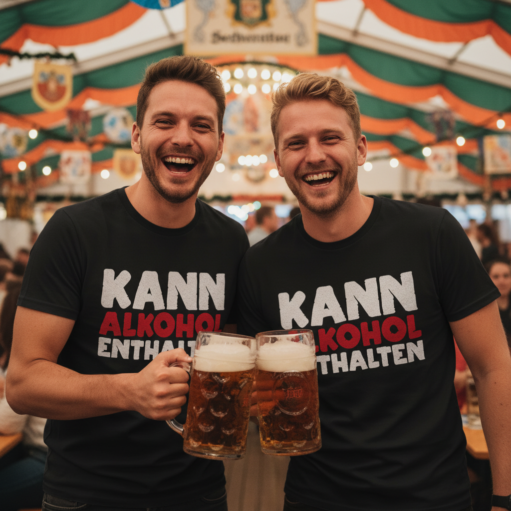 Zwei Männer tragen KANN ALKOHOL ENTHALTEN Shirts im Partnerlook auf Schützenfest und stoßen mit Bier an