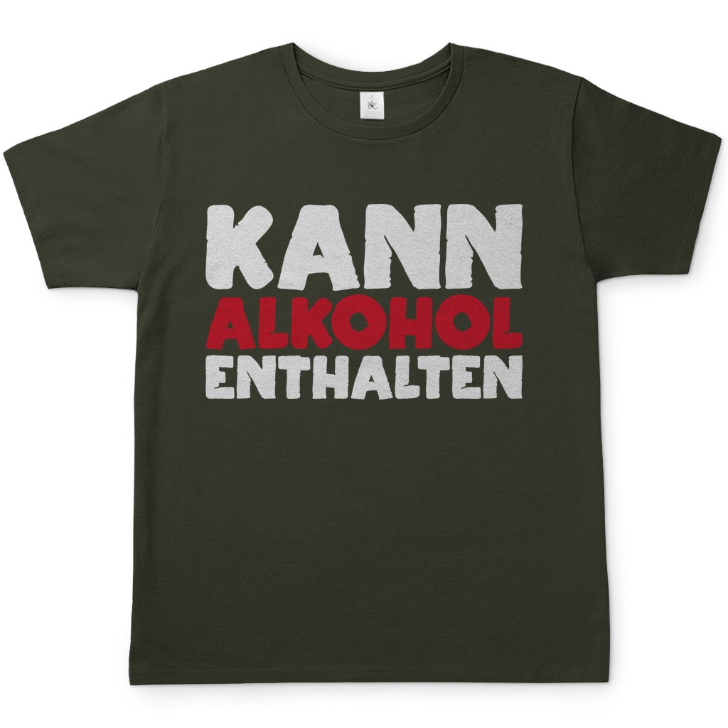 Urban Khaki Statement Shirt mit KANN ALKOHOL ENTHALTEN Spruch humorvoll für Männer, Frontansicht