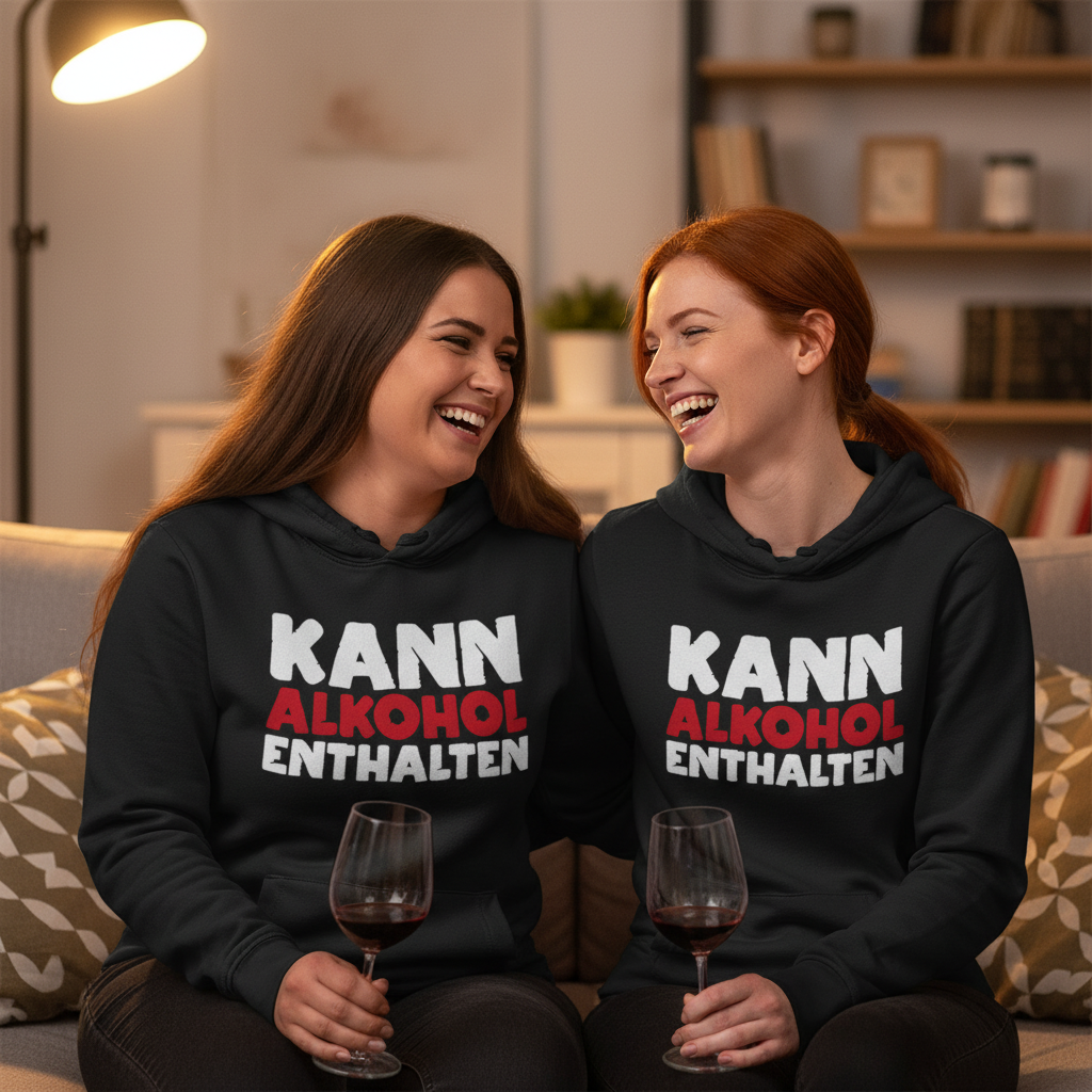 Zwei Frauen tragen den Kann Alkohol enthalten Hoodie beim Weinabend und halten Weingläser
